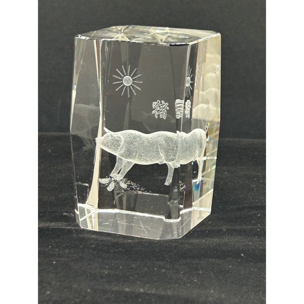 Chinese Zodiac Pig 3D Laser Etched Crystal Glass Paperweight Clear Faceted Block
